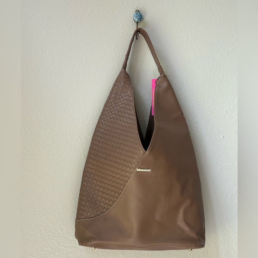 Brown Hobo Style Slouch Tote Bag; Woven Panel Detail & Full Zip Hidden Closure
